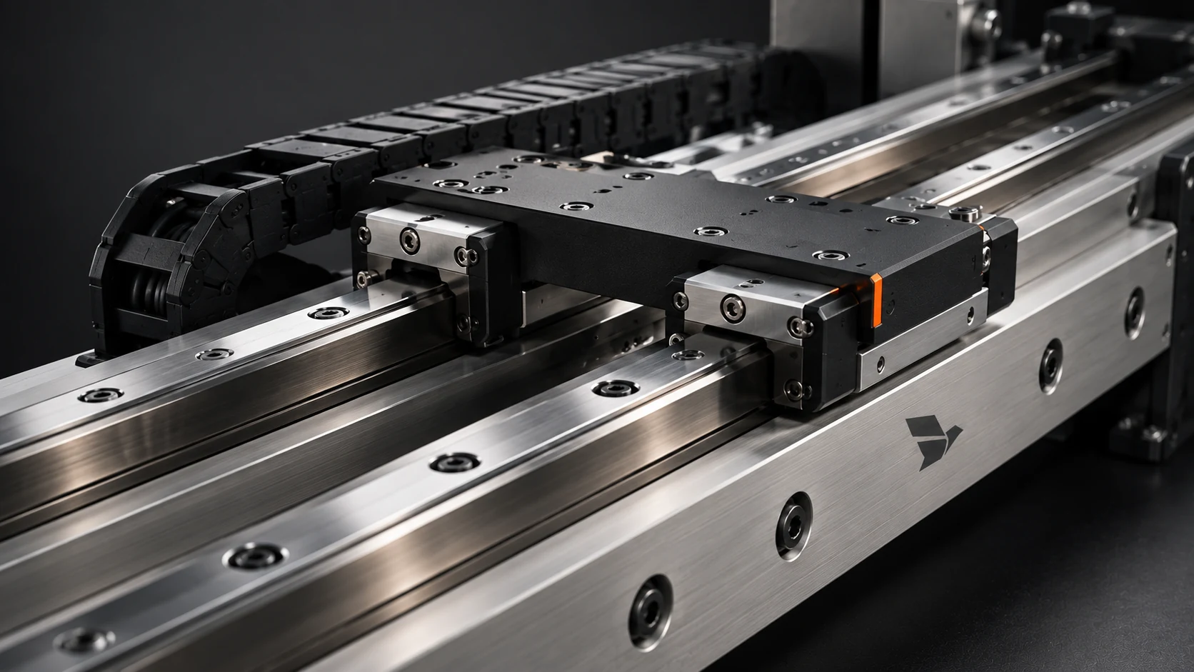 Linear guide assembly with parallel rails, a carriage plate and cable carrier.