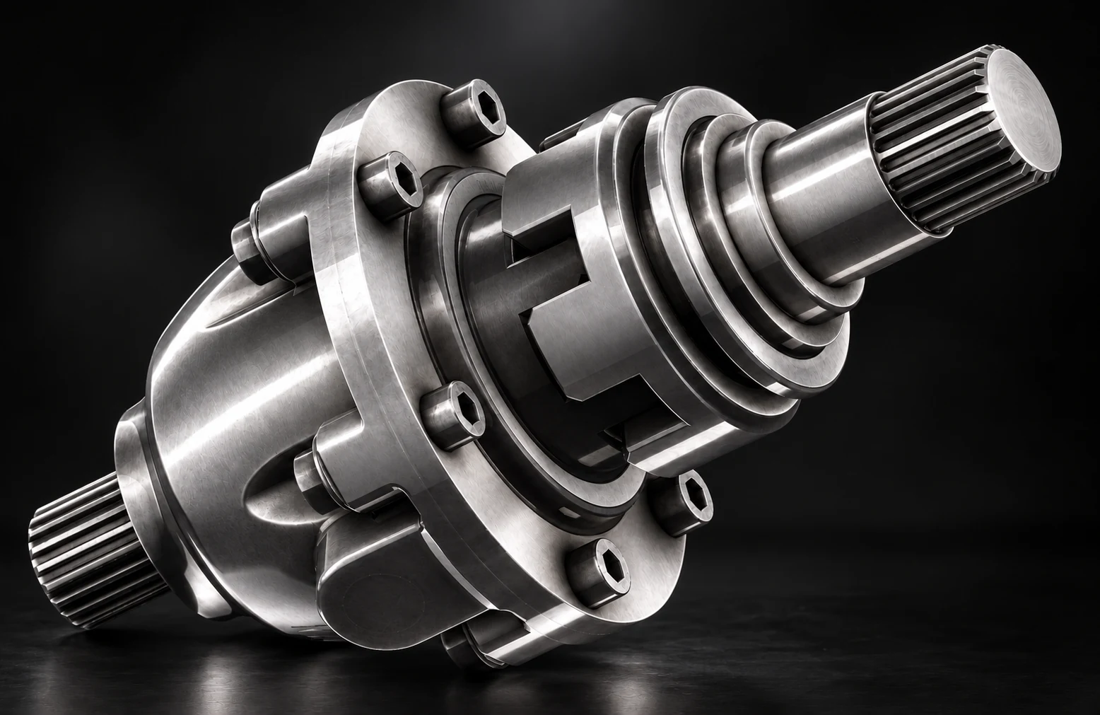 Metal shaft and housing assembly shown in a complete three-quarter concept view.