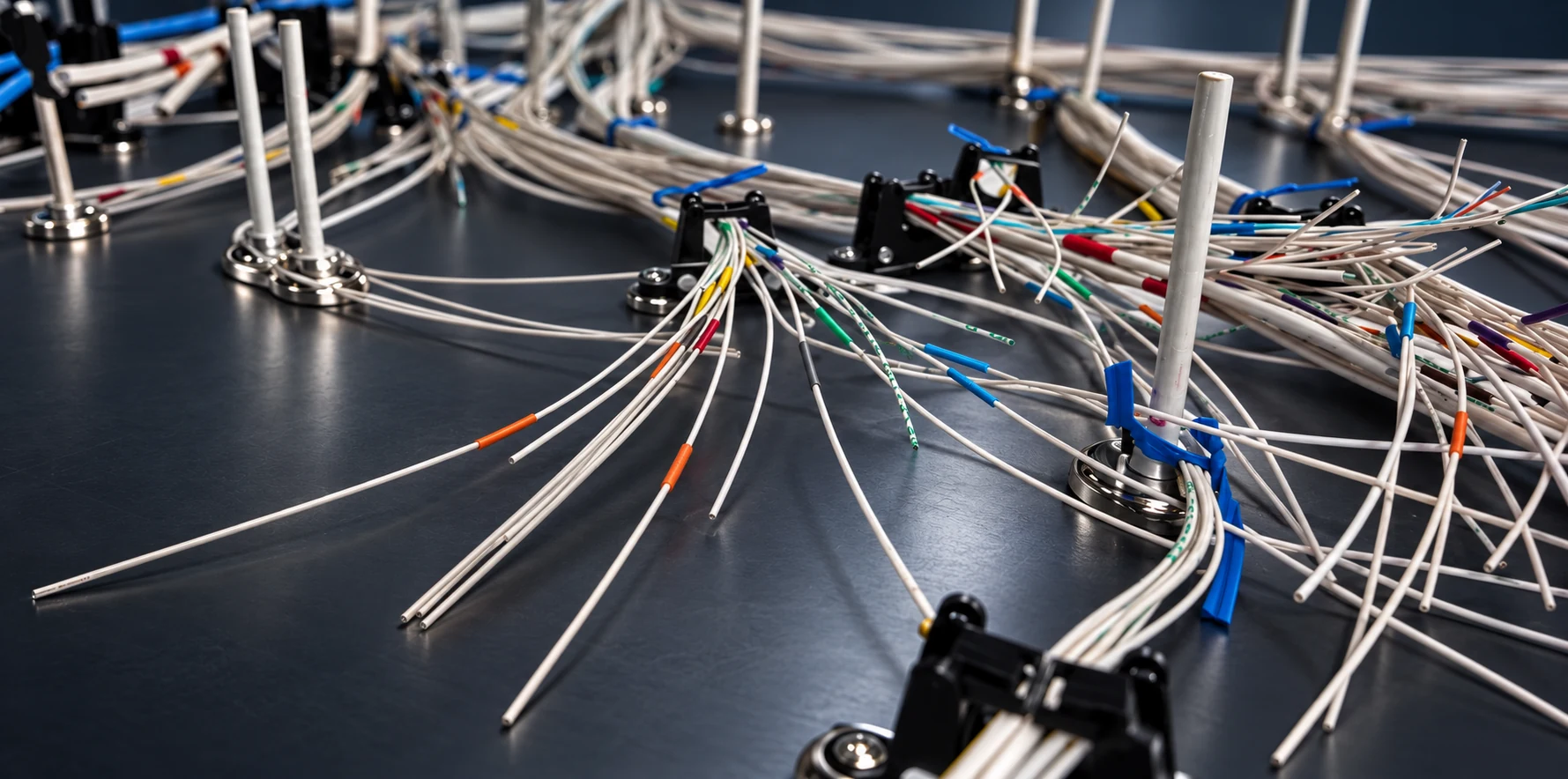 Wire harness routing fixture with supported wire bundles, locating pins and open wire ends.